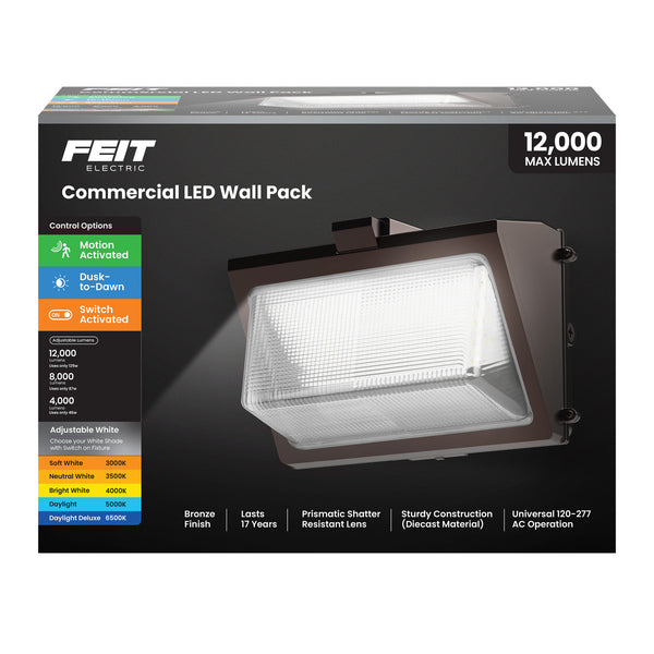 Feit Electric 12000/8000/4000 Lumen Adjustable White Commercial Motion Wall Pack Light