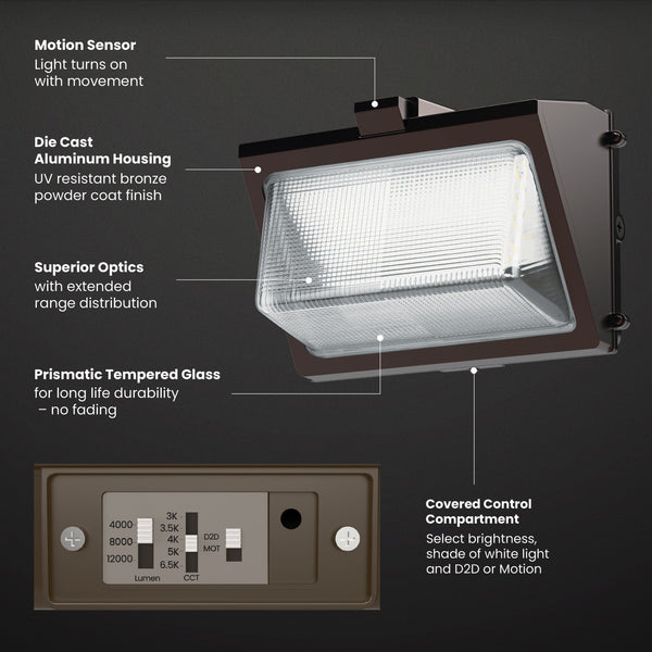 Feit Electric 12000/8000/4000 Lumen Adjustable White Commercial Motion Wall Pack Light