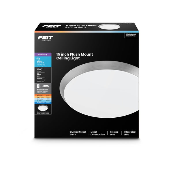 Feit Electric 15 In. Round Adjustable White Flush Mount Motion Ceiling Light Brushed Nickel Or Matte Black Trim