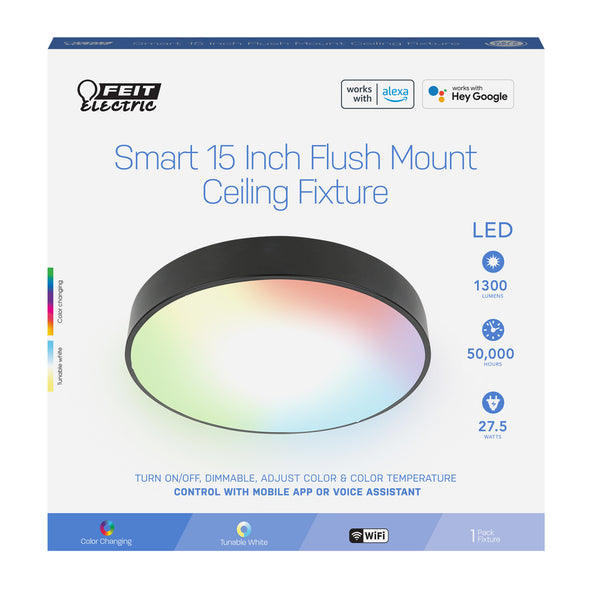 Feit Electric 15 In. Round Smart Flush Mount Ceiling Light Fixture Black