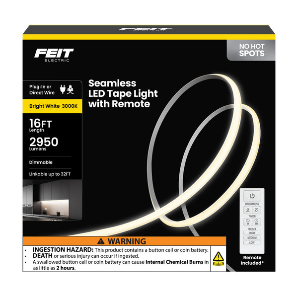 Feit Electric 16 Ft. Bright White (3000K) Dimmable Cob LED Seamless Tape Light With Remote