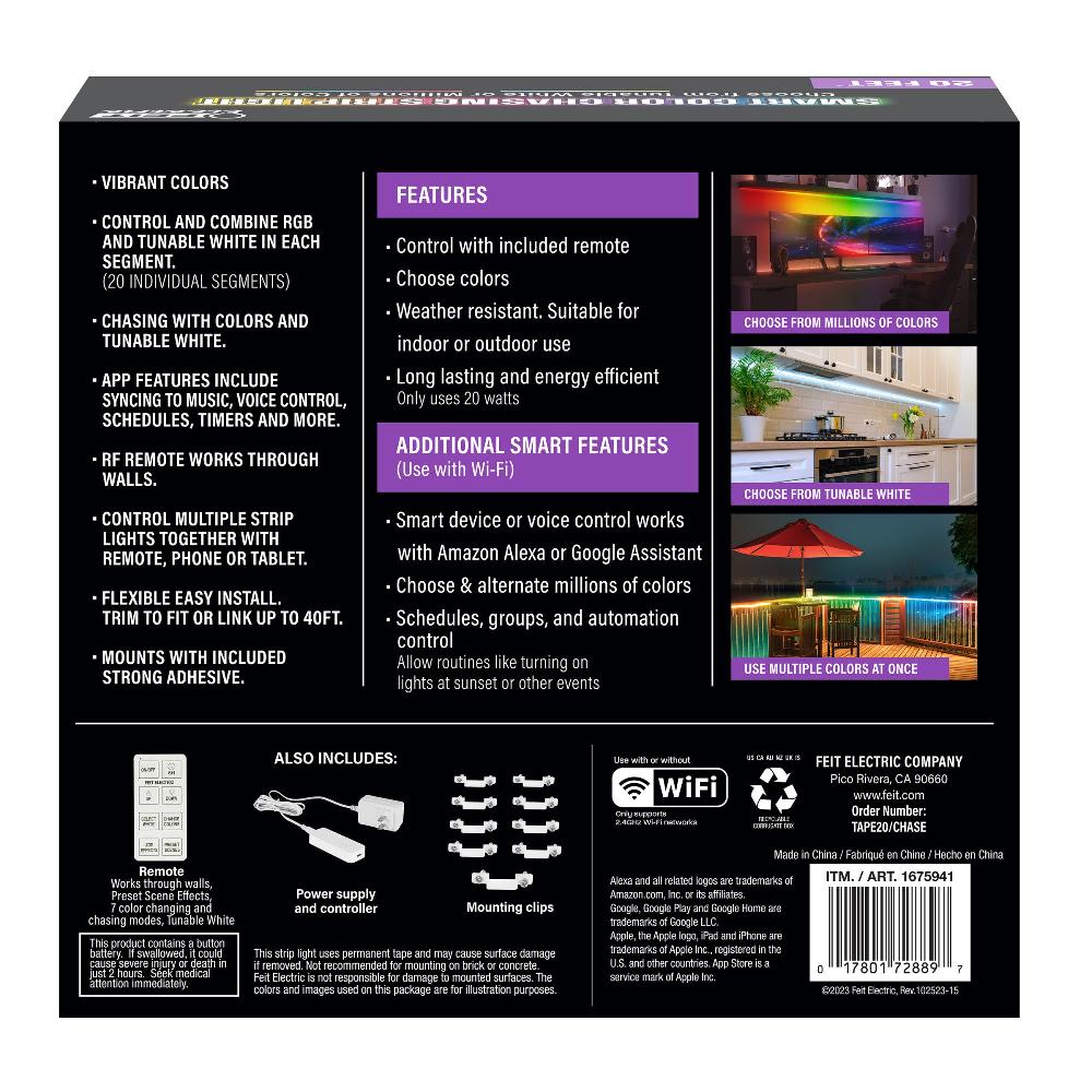 Feit Electric 20 Ft. Smart Color Chasing And Tunable White Strip Light With Remote