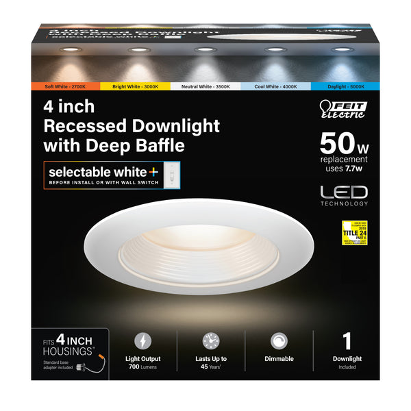 Feit Electric 4 In. 7.7W (50W Replacement) Selectable White Deep Baffle Recessed LED Downlight