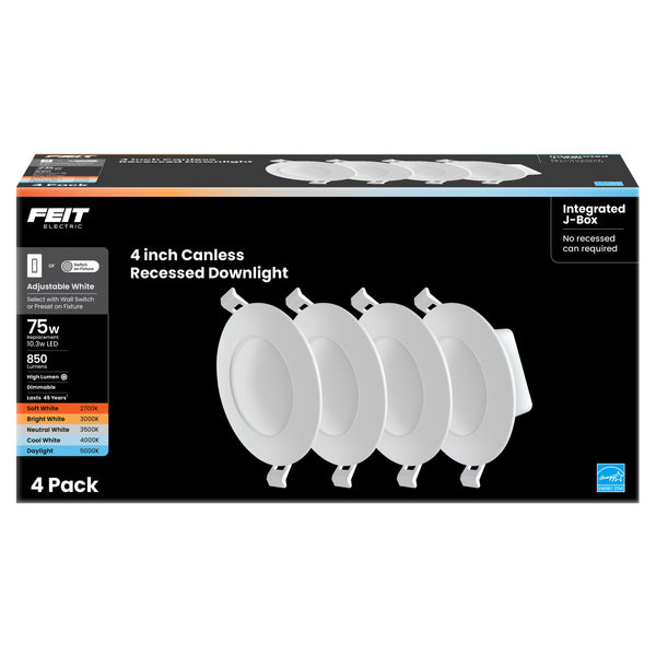 Feit Electric 4 In. 75W Replacement Adjustable White Enhance High Output Integrated J-Box Recessed LED Downlight (4-Pack)