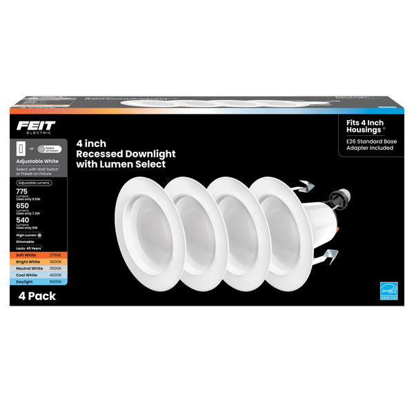Feit Electric 4 In. 8.6W (75W Replacement) Color Selectable (5CCT) Dimmable LED Recessed Downlight (4-Pack)