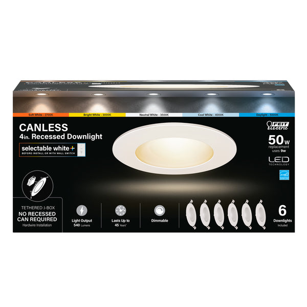 Feit Electric 4 In. Tethered J-Box Selectable White (5CCT) LED Downlight (6-Pack)