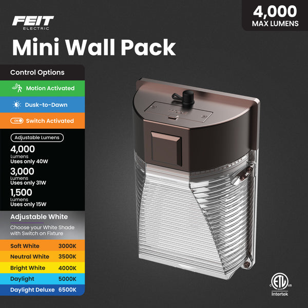 Feit Electric 4000/3000/1500 Lumens Adjustable White Motion Mini Wall Pack Light