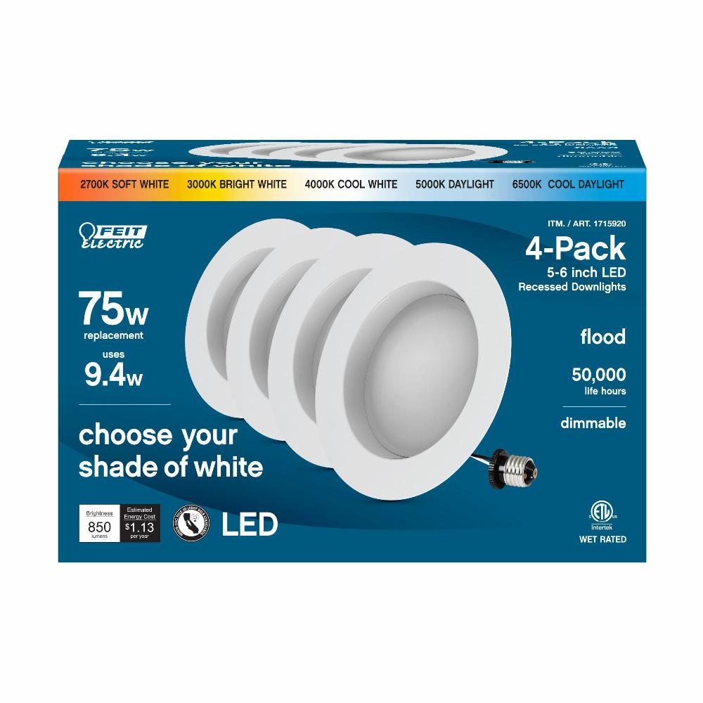 Feit Electric 5-6 In. 9.4W (75-Watt Replacement) Selectable White Integrated LED Recessed Downlight Retrofit Kit (4-Pack)
