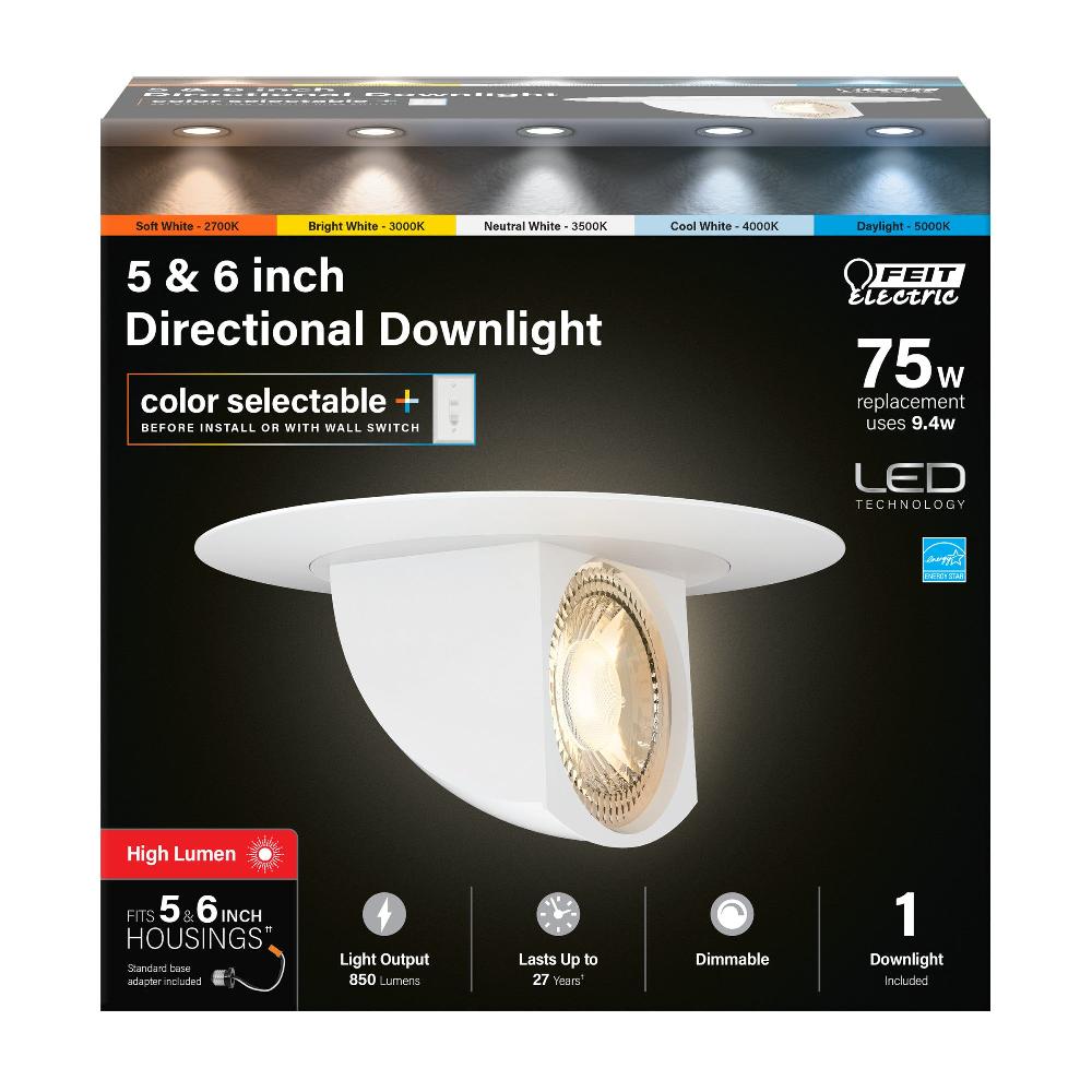 Feit Electric 5-6 In. 9.4W (75W Replacement) Color Selectable Dimmable LED Directional Recessed Downlight