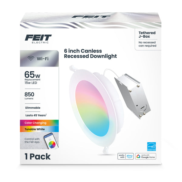 Feit Electric 6 In. 15W (65W Replacement) Tethered J-Box Smart Canless LED Downlight