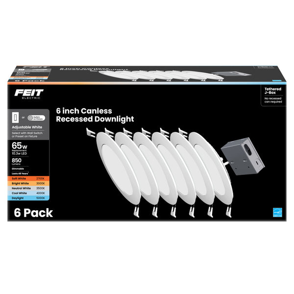 Feit Electric 6 In. 65W Replacement Adjustable White (5CCT) Tethered J-Box LED Downlight (6-Pack)