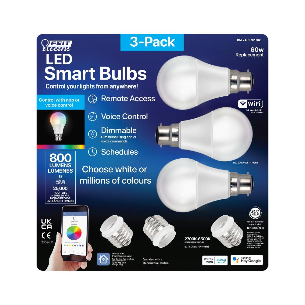 Feit Electric 60-Watt Equivalent A19 LED Smart Wi-Fi Bulbs (3-Pack)