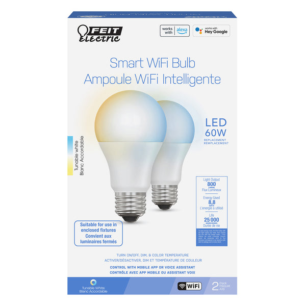 Feit Electric 8.8W (60W Replacement) Tunable White E26 Base A19 Smart WiFi LED Light Bulb (2-Pack)