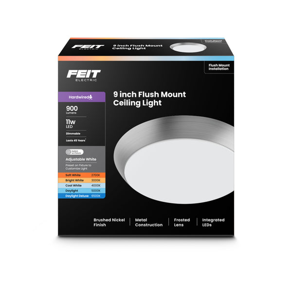 Feit Electric 9 In. Dimmable Adjustable White LED Flush Mount Ceiling Fixture Brushed Nickel