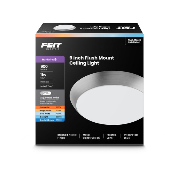 Feit Electric 9 In. Dimmable Adjustable White LED Flush Mount Ceiling Fixture Brushed Nickel