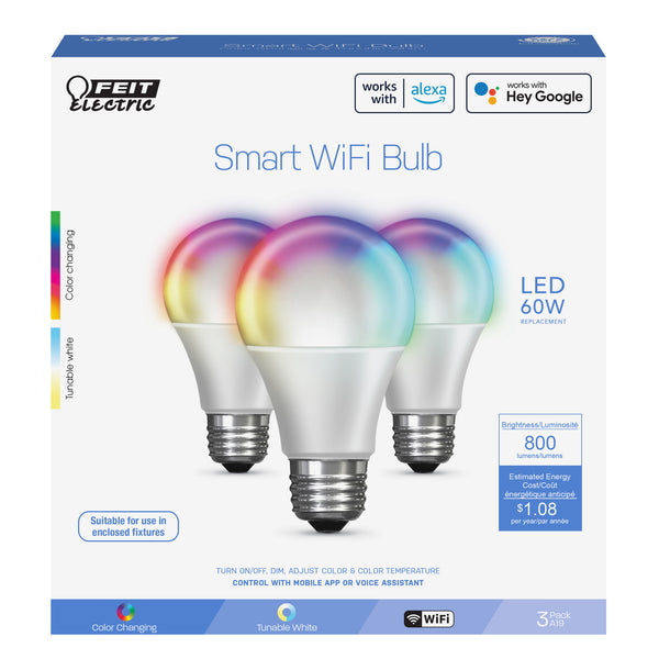Feit Electric 9W (60W Replacement) Color Changing A19 Dimmable Alexa Google Smart Bulb (12 3-Packs)