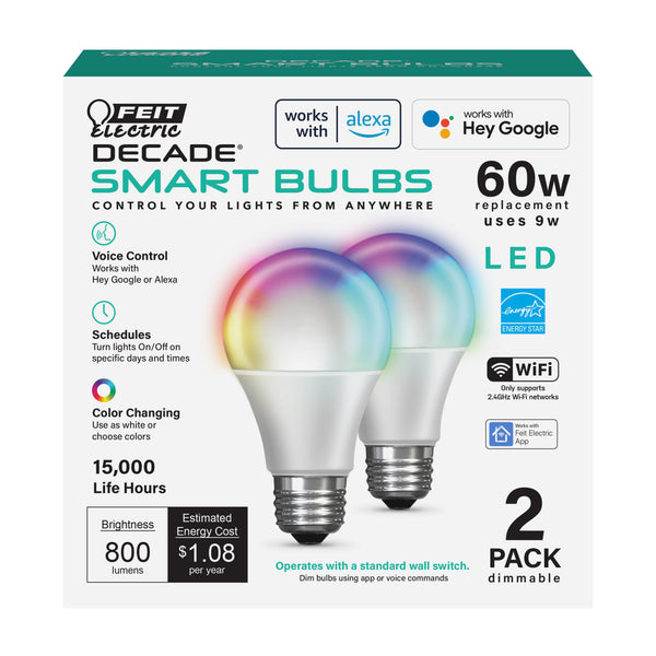 Feit Electric 9W (60W Replacement) Color Changing E26 Base A19 Decade Smart Wi-Fi Light Bulb (2-Pack)
