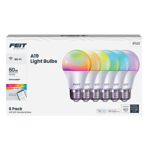 Feit Electric 9W (60W Replacement) Color Changing RGBW A19 Alexa Google Smart Bulb (6-Pack)