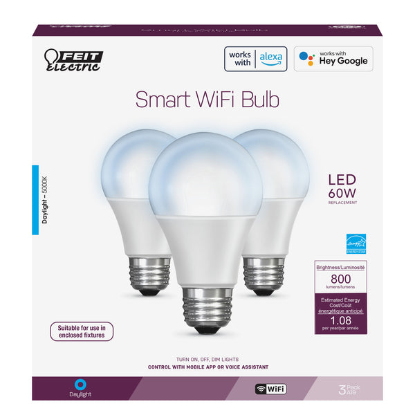 Feit Electric 9W (60W Replacement) Daylight (5000K) E26 Base A19 Smart WiFi Bulb (3-Pack)