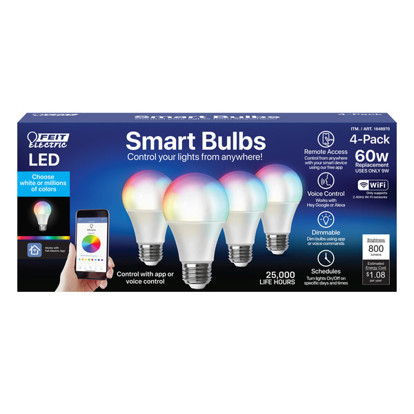 Feit Electric 9W (60W Replacement) E26 Base A19 Color Changing Smart Light Bulb For Google And Alexa (4-Pack)