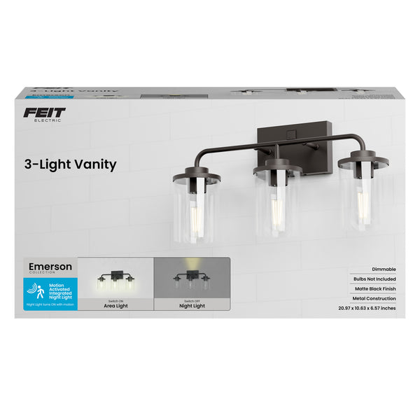 Feit Electric Chamblee 3-Light Vanity With Motion Night Light Matte Black