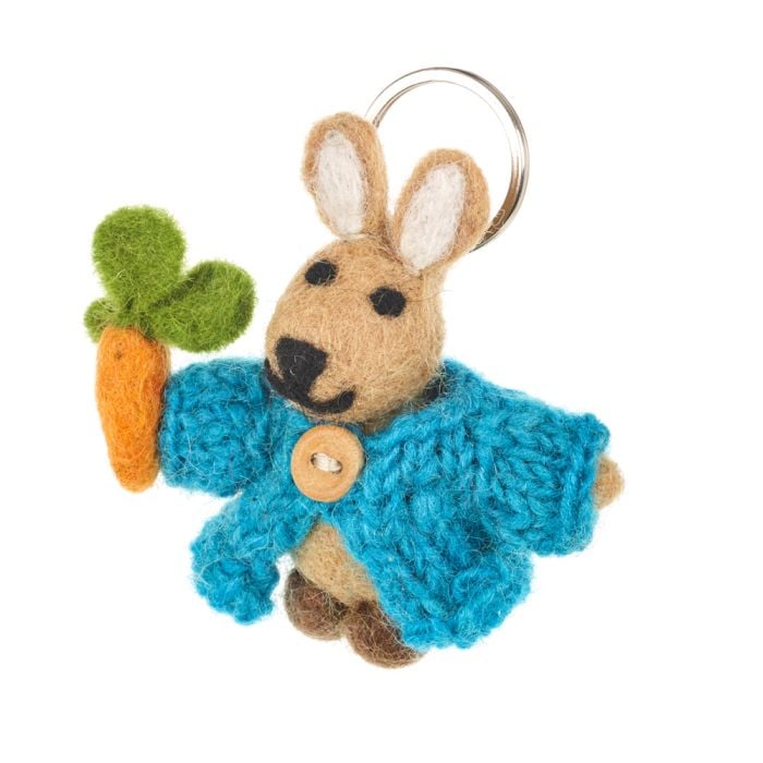 felt so good Handmade Fair trade Needle Felt Rabbit in Cardigan Keyring