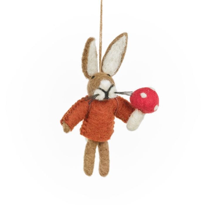 felt so good Handmade Felt Autumnal Russell the Hare Toadstool Forager Hanging Decoration