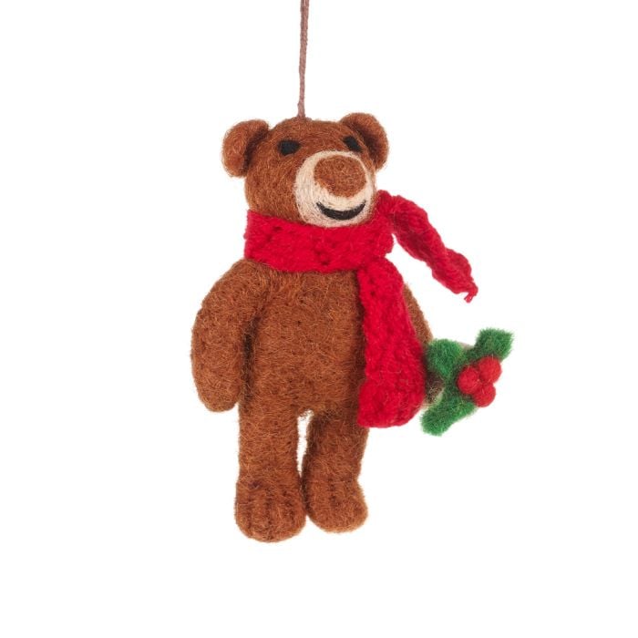 felt so good Handmade Felt Biodegradable Bear with Scarf Hanging Christmas Decoration