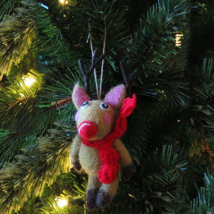 Felt So Good Handmade Felt Biodegradable Christmas Reindeer With Knitted Scarf Hanging Decoration
