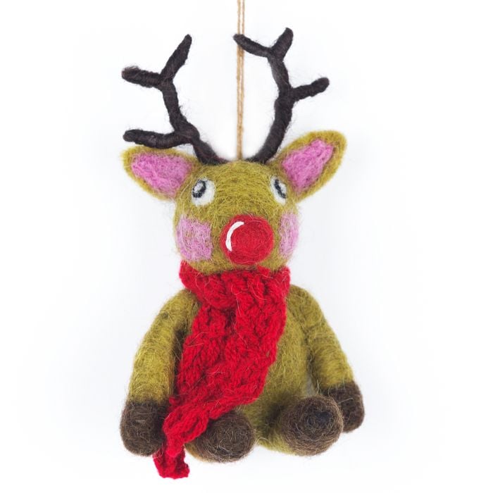 felt so good Handmade Felt Biodegradable Christmas Reindeer with knitted Scarf Hanging Decoration