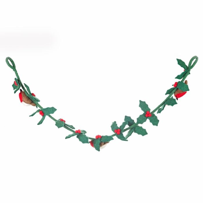 felt so good Handmade Felt Biodegradable Holly Garland with Robins Christmas Decoration