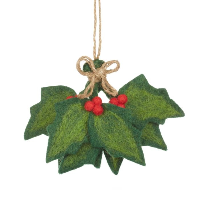 Felt So Good Handmade Felt Biodegradable Holly Sprig Christmas Hanging Decoration