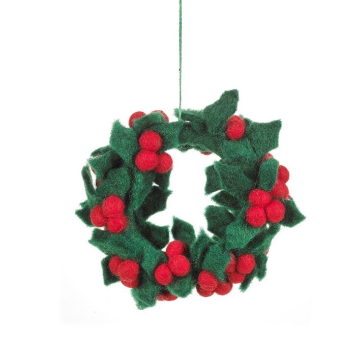 felt so good Handmade Felt Fair trade Holly Mini Wreath Christmas Decoration
