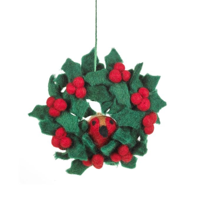 felt so good Handmade Felt Fair trade Holly Mini Wreath with Robin Christmas Decoration