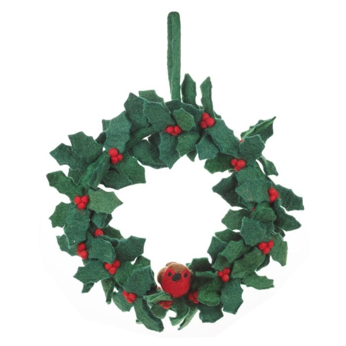 Felt So Good Handmade Felt Fair Trade Holly Wreath With Robins Christmas Decor