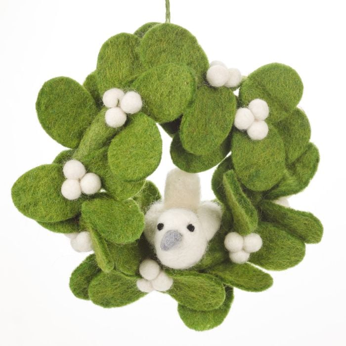 Felt So Good Handmade Felt Fair Trade Mistletoe Mini Wreath With Doves Christmas Decoration