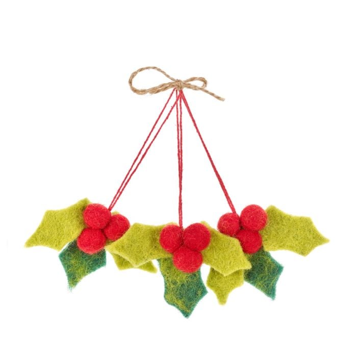 felt so good Handmade Felt Mini Holly Sprig Set of 3 Hanging Decorations