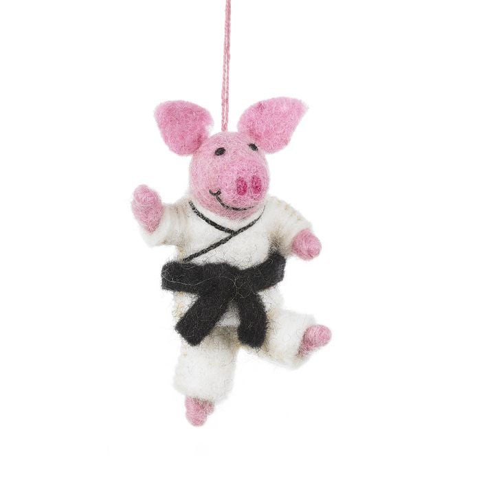 Felt So Good Handmade Felt Pork Chop Hanging Karate Pig Decoration