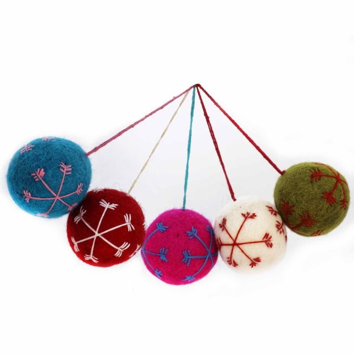 Felt So Good Handmade Felt Round Snowflake Baubles (Set Of 5) Christmas Hanging Decorations