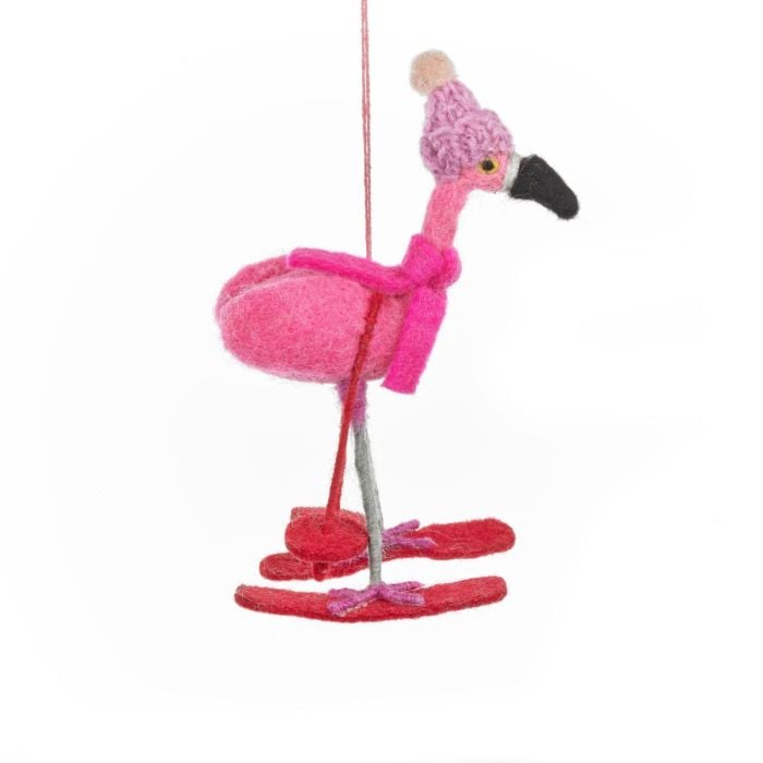Felt So Good Handmade Felt Skiing Flamingo Hanging Christmas Tree Decoration