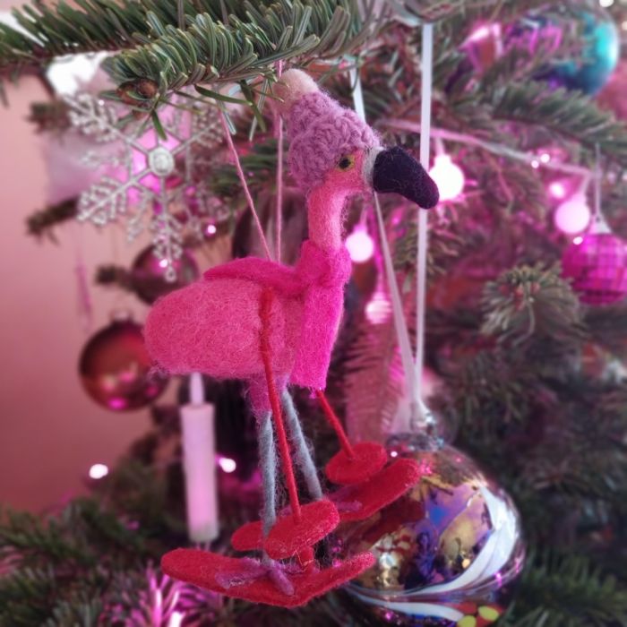 Felt So Good Handmade Felt Skiing Flamingo Hanging Christmas Tree Decoration