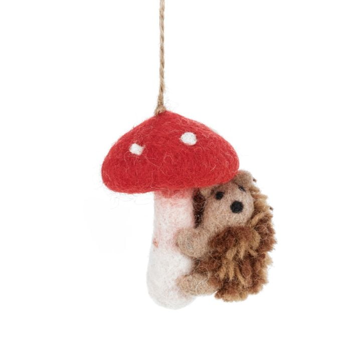 felt so good Handmade Felt Toadstool Hedgehog Hanging Woodland Decoration