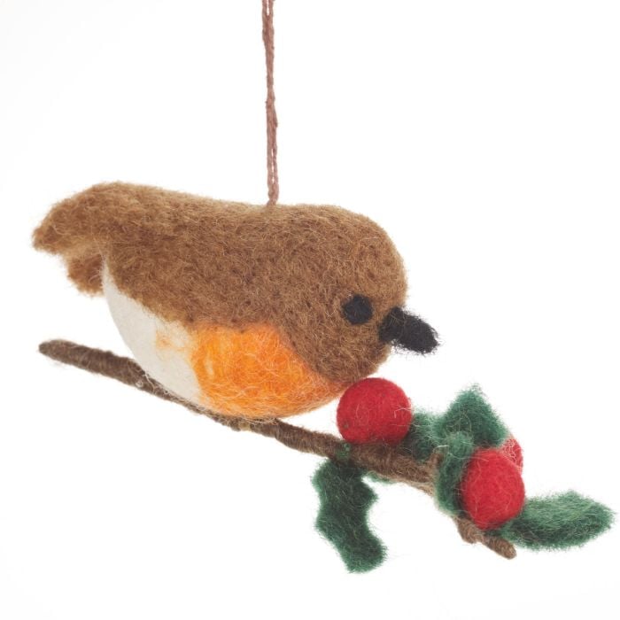 felt so good Handmade Robin on a Holly Branch Christmas Tree Hanging Decoration