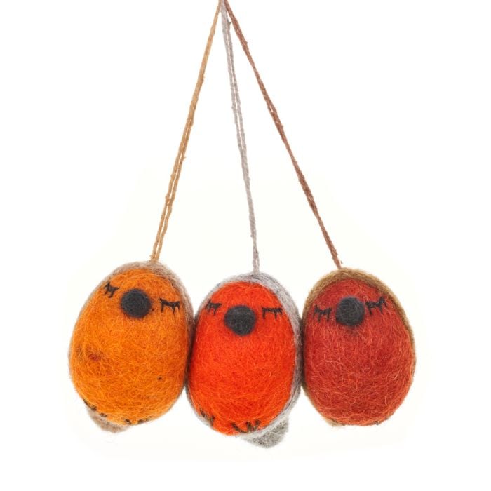 felt so good Handmade Whimsical Winter Robins (Set of 3) Hanging Biodegradable Christmas Tree Decorations