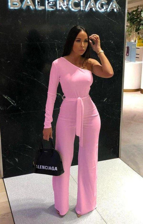 femme luxe Baby Pink Belted One Shoulder Jumpsuit - Evelyn