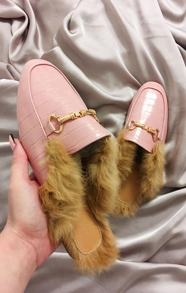 Femme Luxe Baby Pink Faux Fur Lined Croc Mules - Maisie