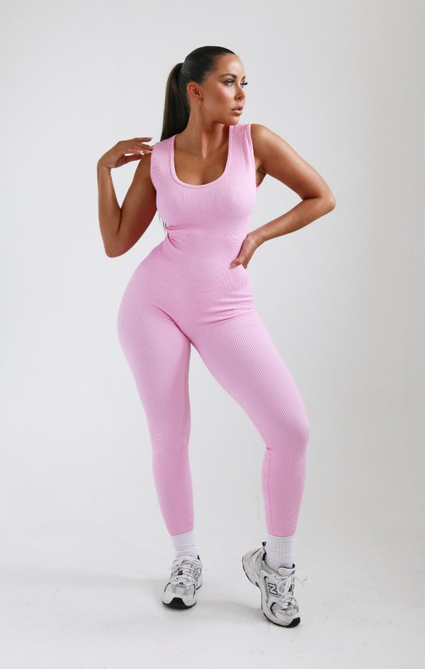Femme Luxe Baby Pink Ribbed Sleeveless Fitted Jumpsuit - Tahlia