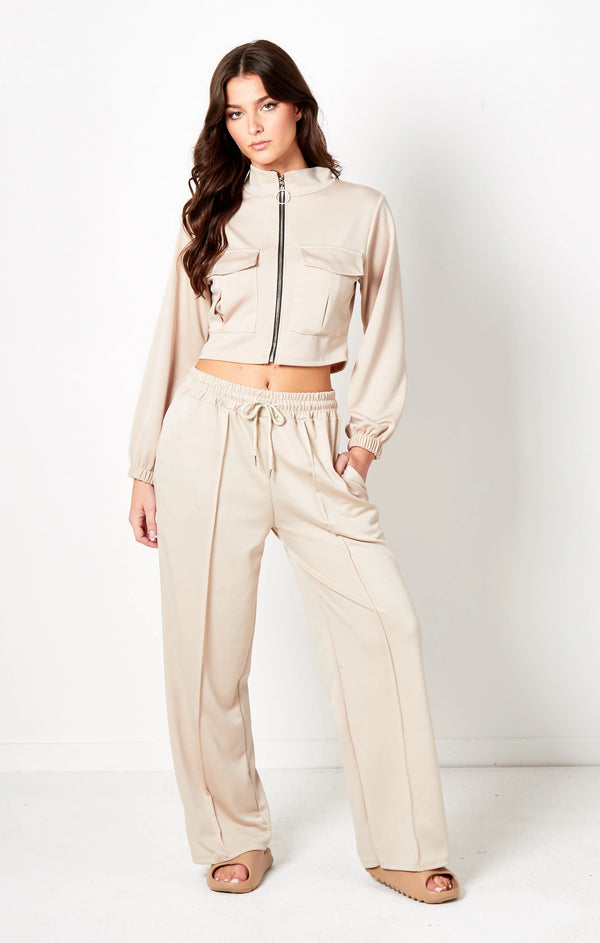 Femme Luxe Beige Bomber Jacket Straight Leg Jogger Loungewear Set - Tina