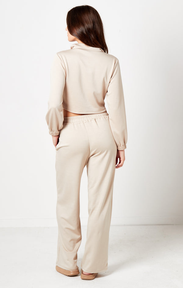 Femme Luxe Beige Bomber Jacket Straight Leg Jogger Loungewear Set - Tina