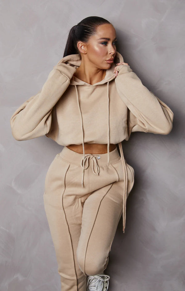 Femme Luxe Beige Boxy Cropped Hoodie Cuffed Joggers Loungewear Set - Sammy